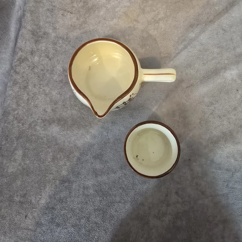Hand-Painted Cream Ceramic Creamer and Ramekin Set with Rooster‎ Motif
